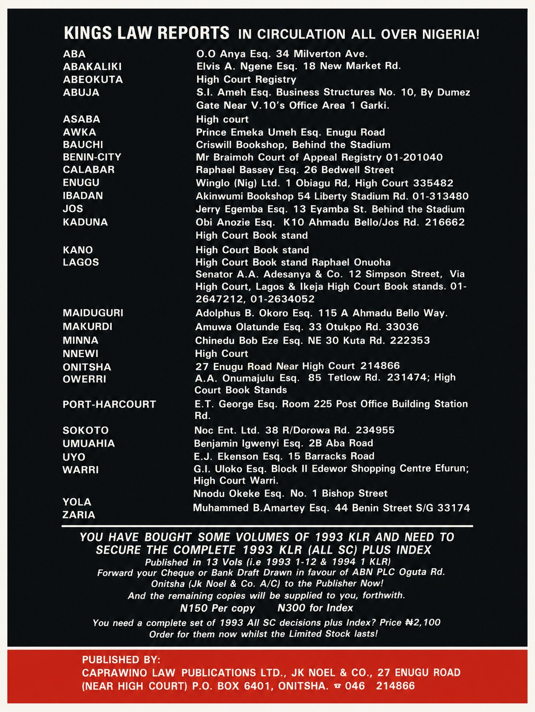 Back cover of (1994) 8 KLR Part 20 listing distribution agents in cities across Nigeria