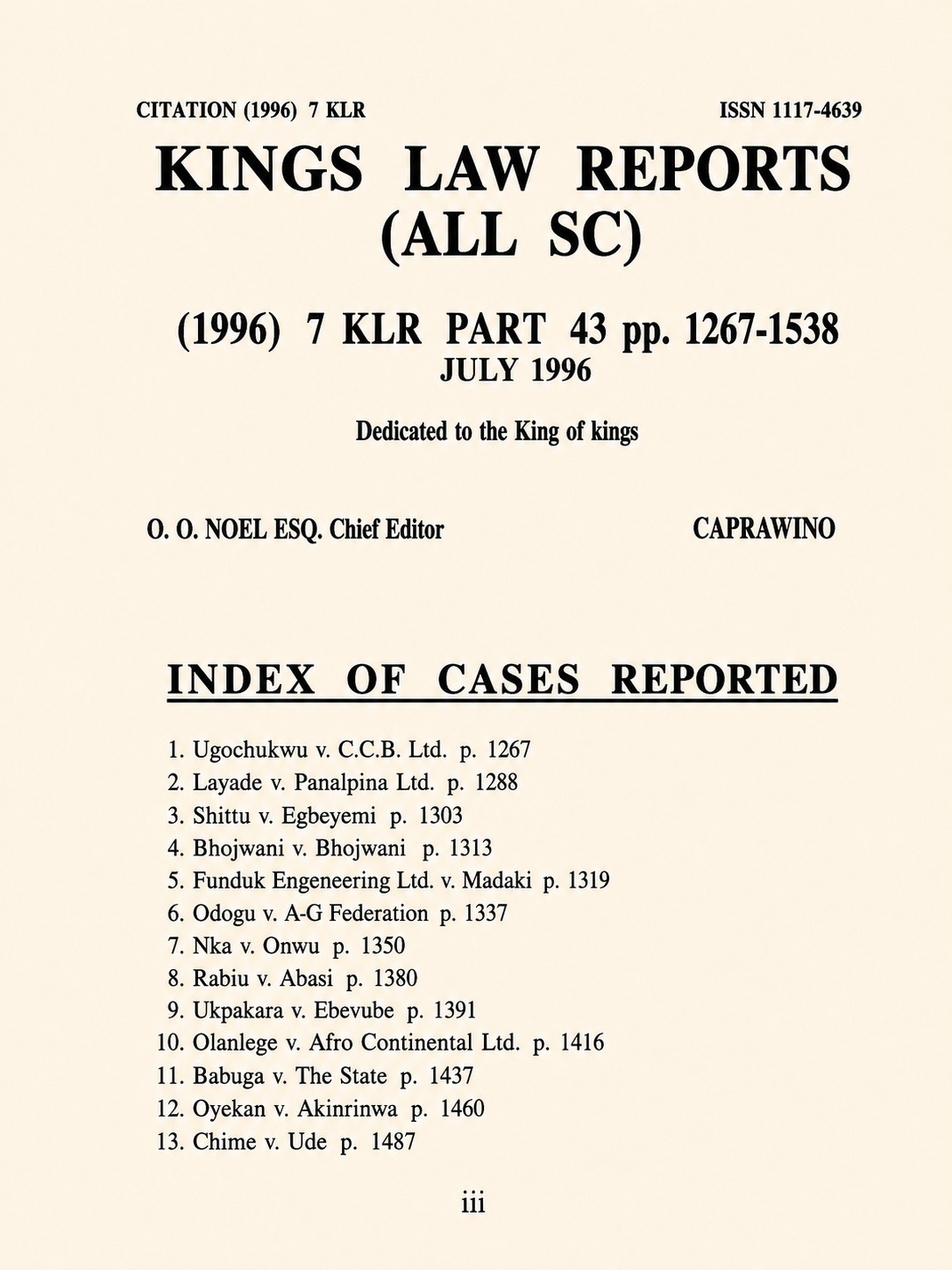 Cover page of (1996) 7 KLR Part 43 with the index of cases reported