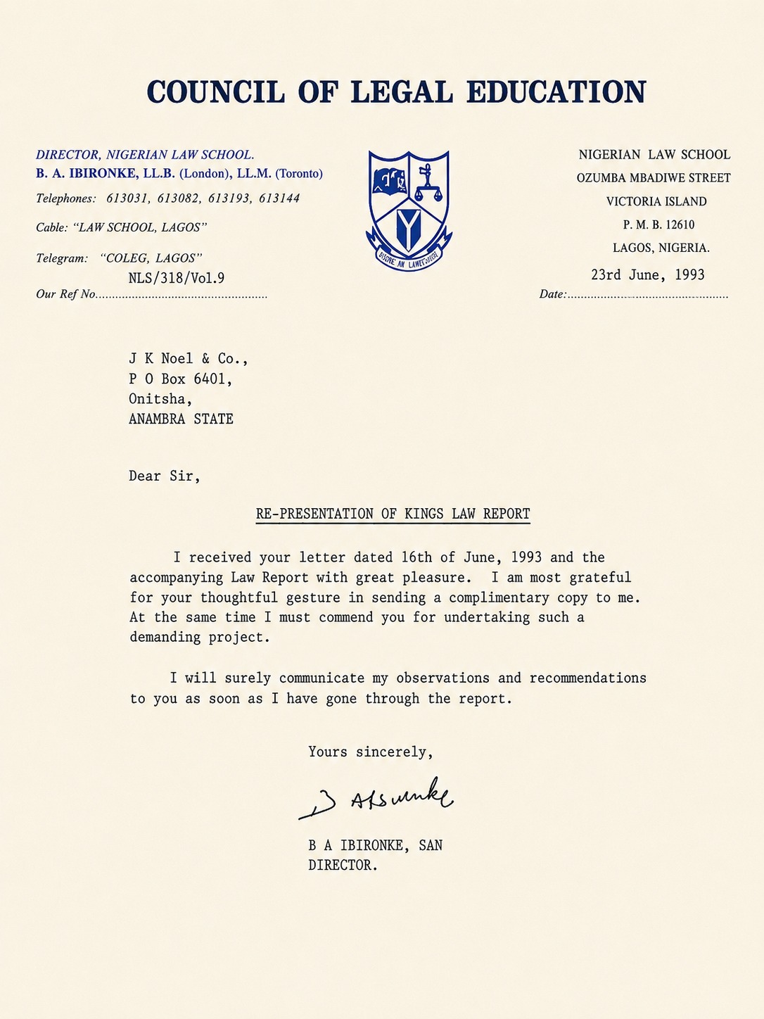 1993 letter from the Director of the Council of Legal Education commending the Kings Law Report project