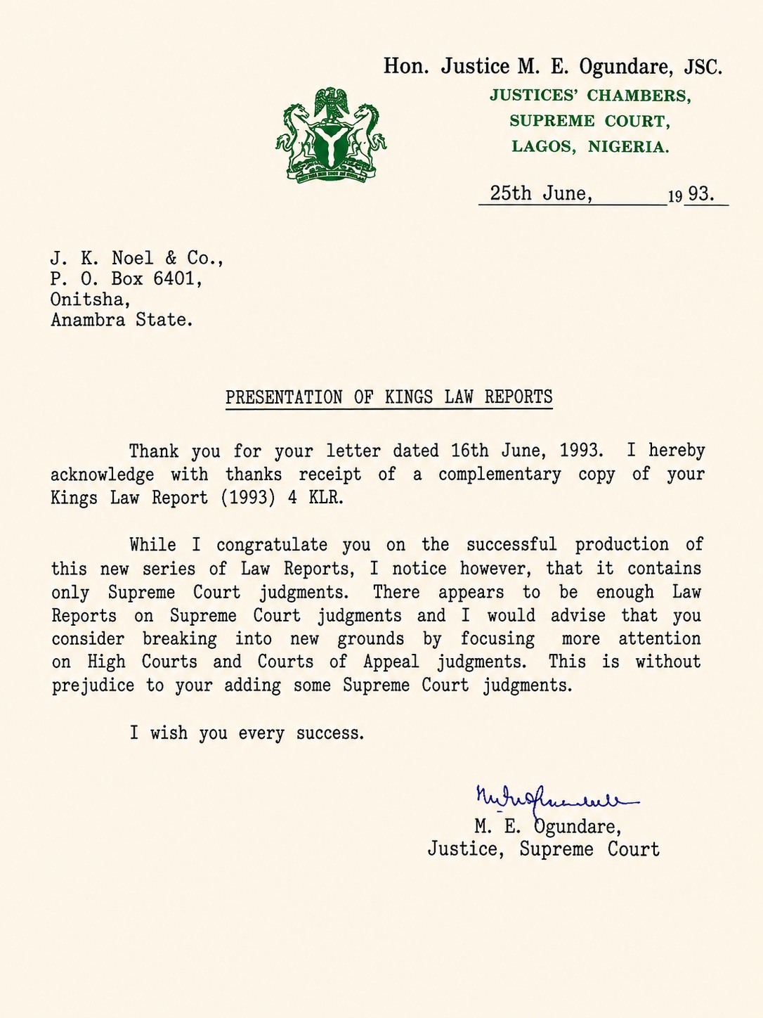 1993 letter from Hon. Justice M. E. Ogundare JSC advising KLR to focus attention on High Courts and Courts of Appeal judgments