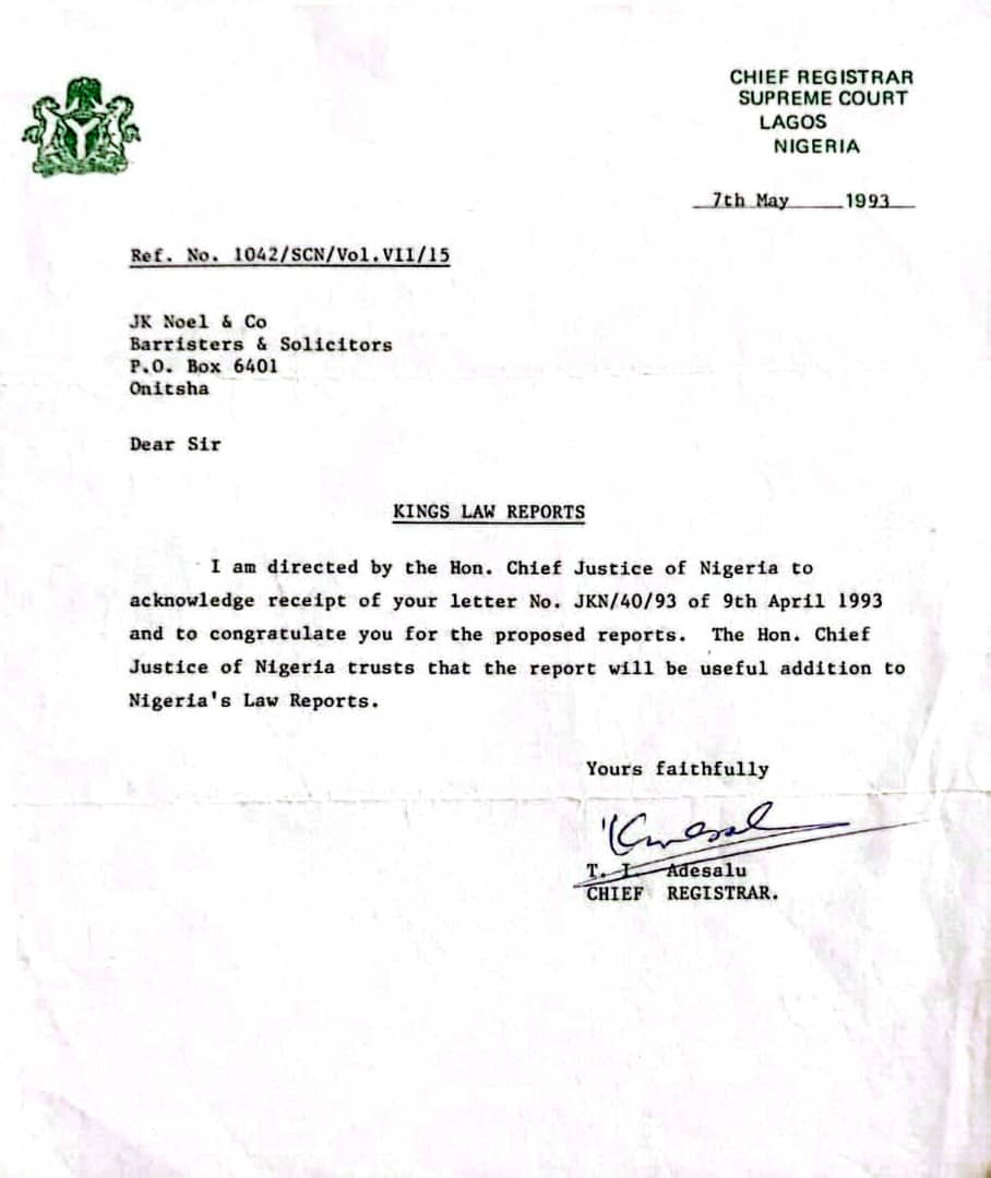 1993 letter from the Chief Registrar of the Supreme Court congratulating JK Noel & Co on the proposed Kings Law Reports